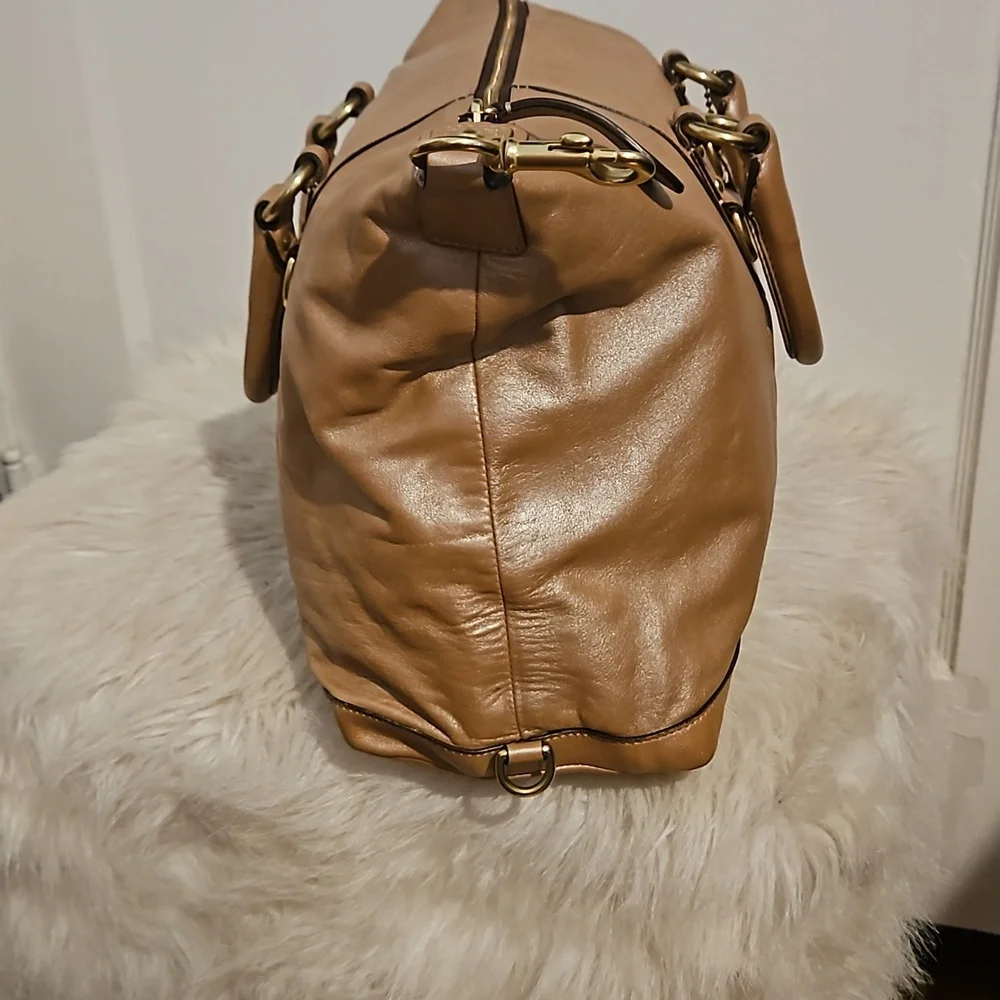 Coach Ashley Shimmery Tan Or Metallic Gold Bronze Leather Script Satchel F15447 - Picture 6 of 12